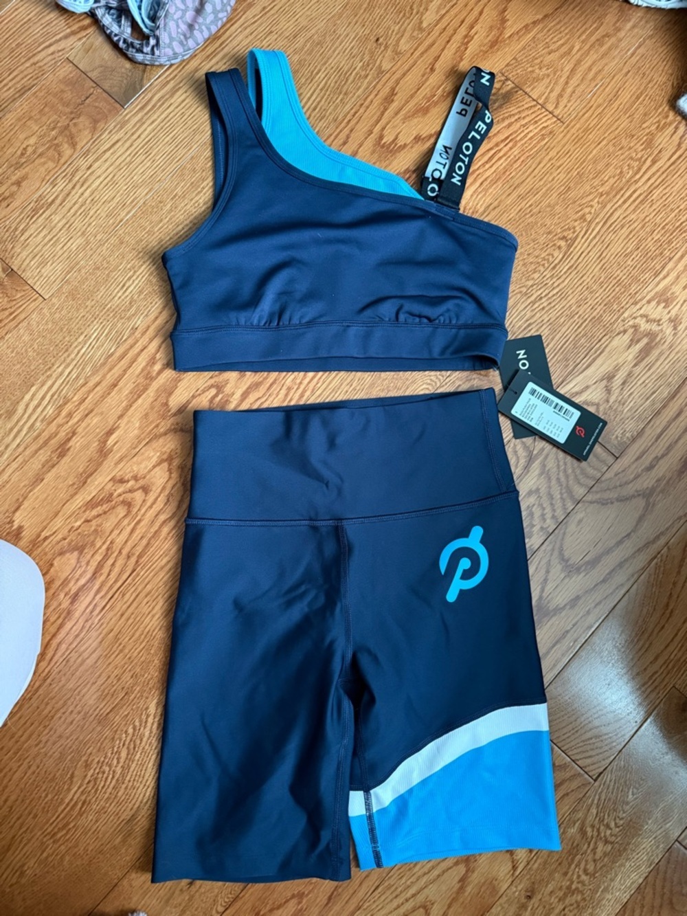Peloton Women's Navy and Aqua Asymmetric Sports Bra & Bike Shorts Set